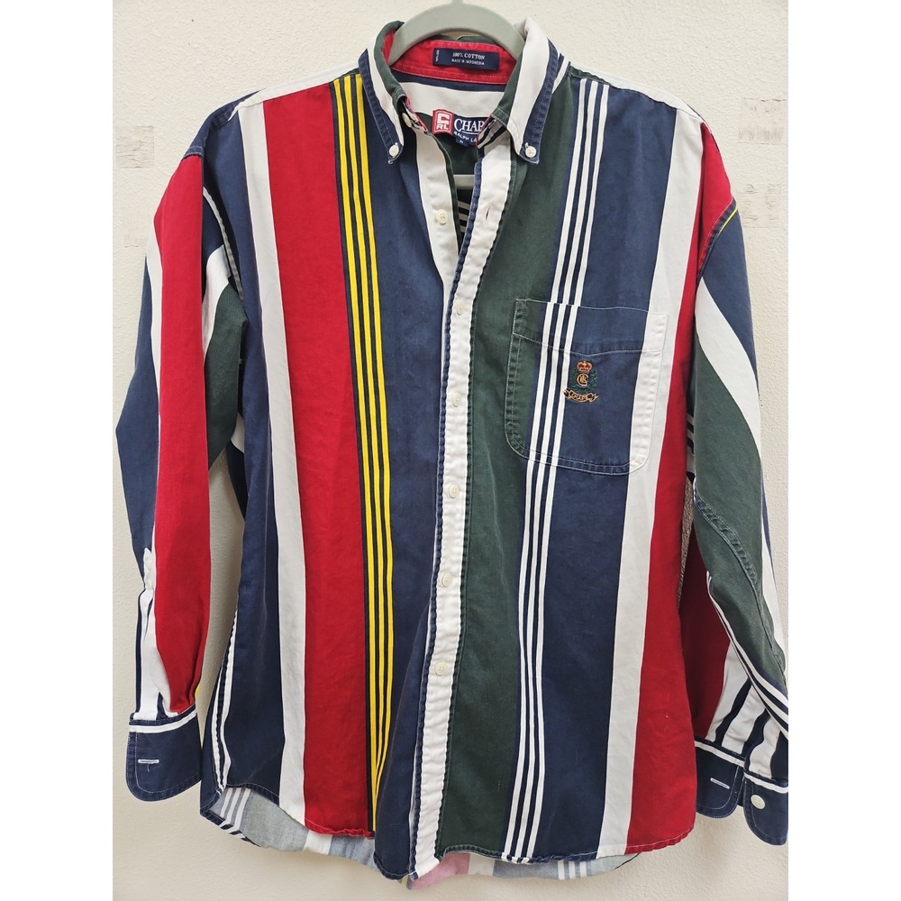 Vintage CHAPS RALPH Lauren Embroidered Crest Bold Stripe Button Up Shirt Mens M